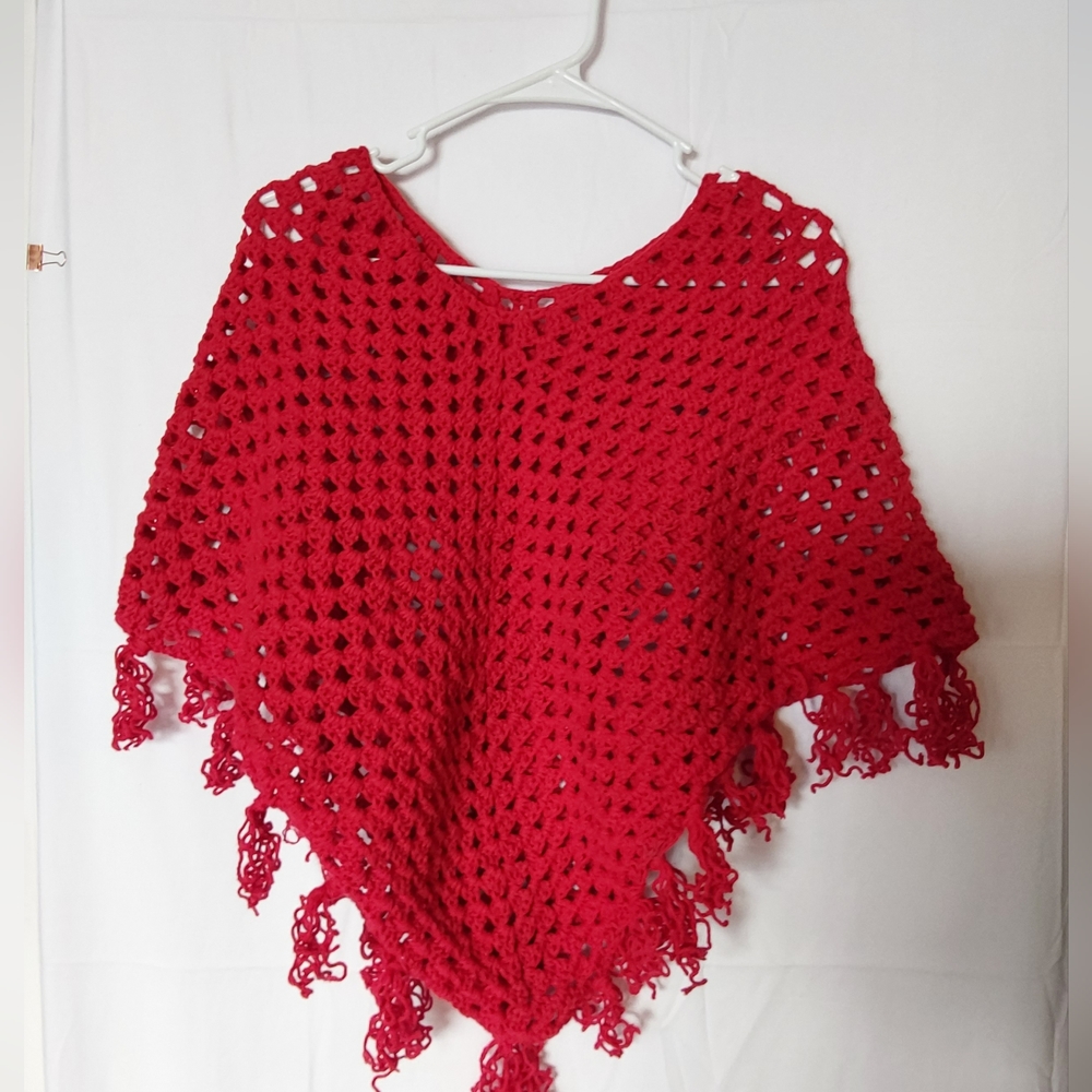Crochet Poncho, Girl’s Size Large Red Color Handmade Crochet Poncho - Picture 1 of 7